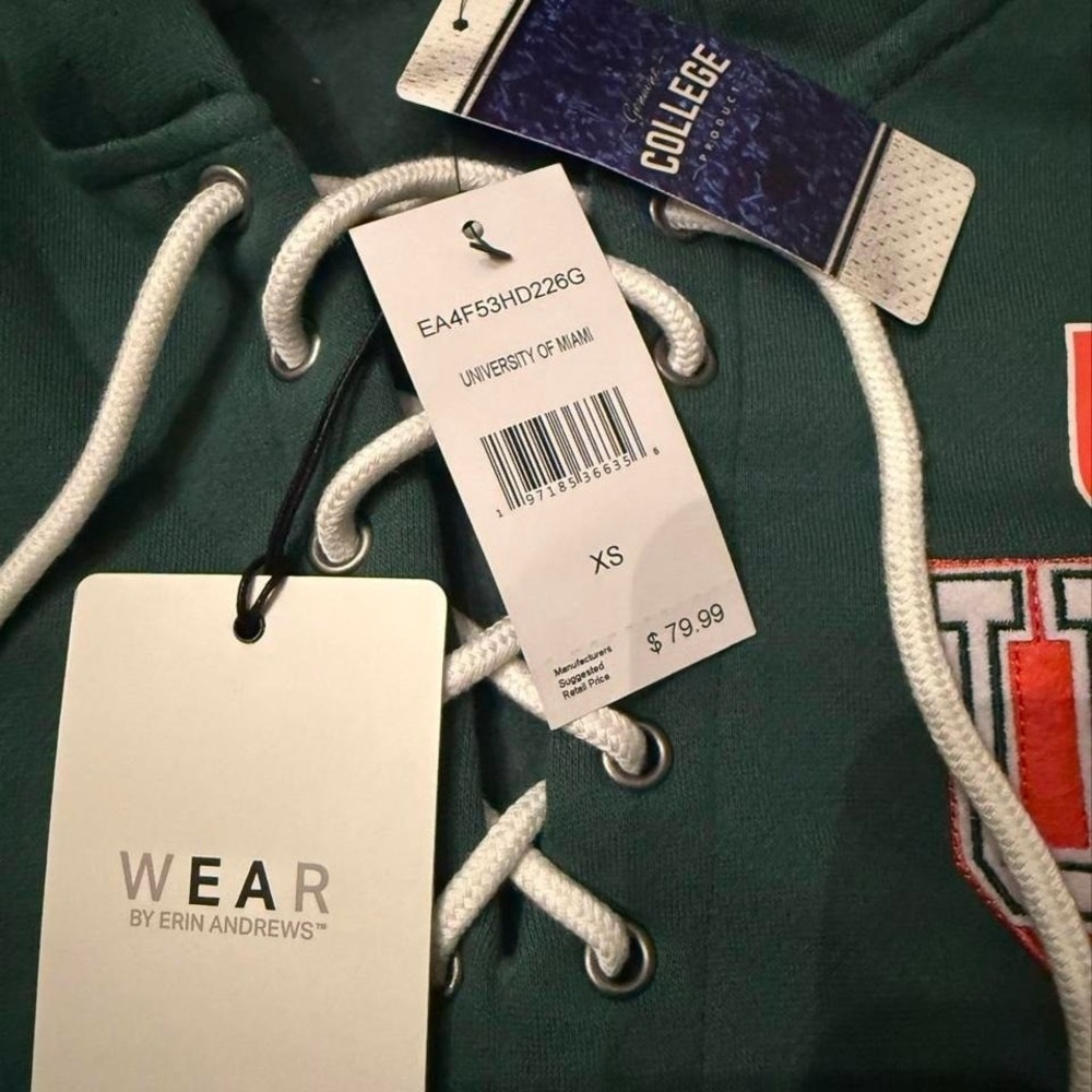 WEAR by Erin Andrews University of Miami Hurricanes Cropped Lace Up Hoodie XS - Picture 3 of 5
